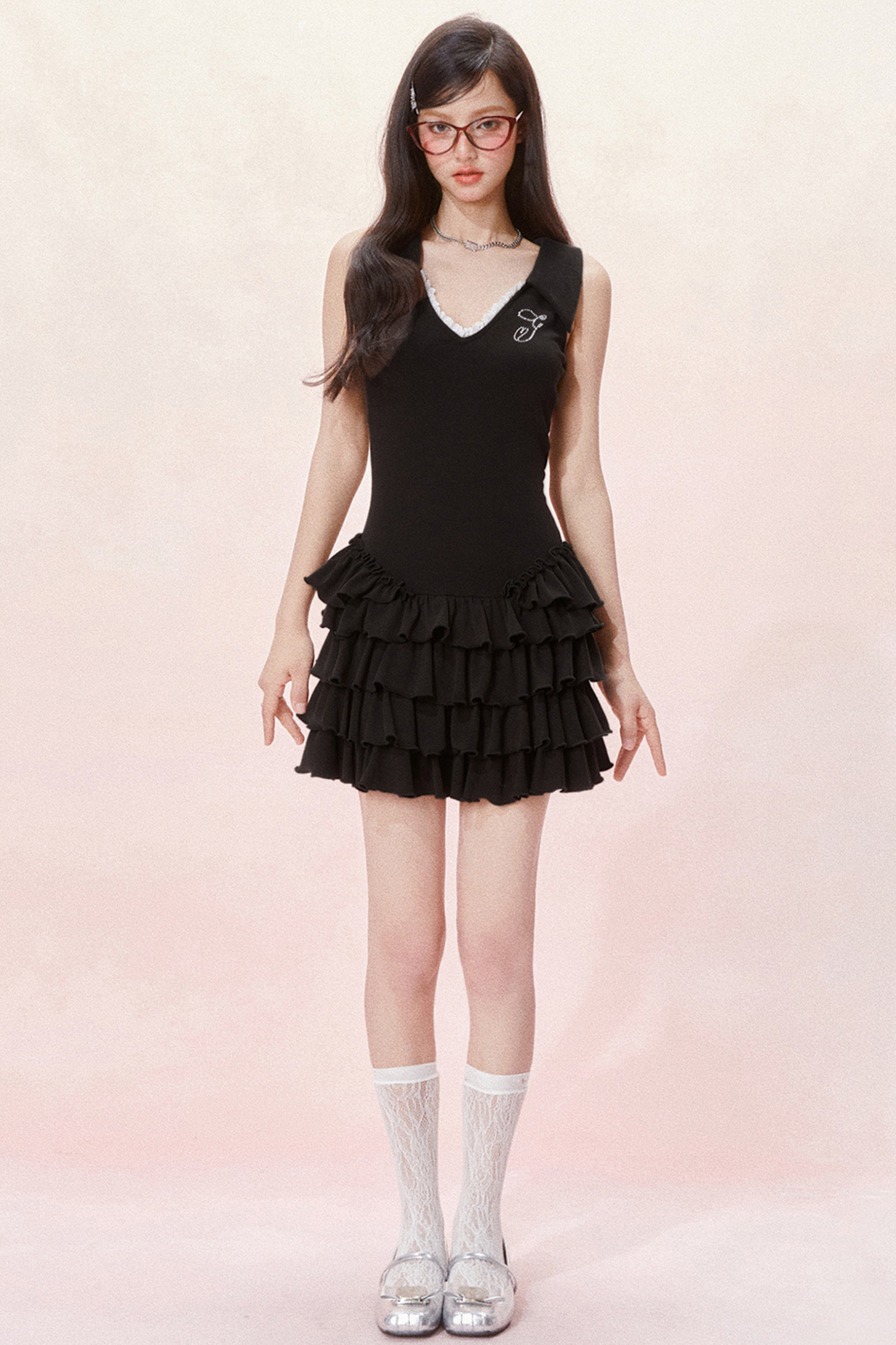 Schlankes Cake Dress Fit Ärmellos Schick Rüschen V-Ausschnitt