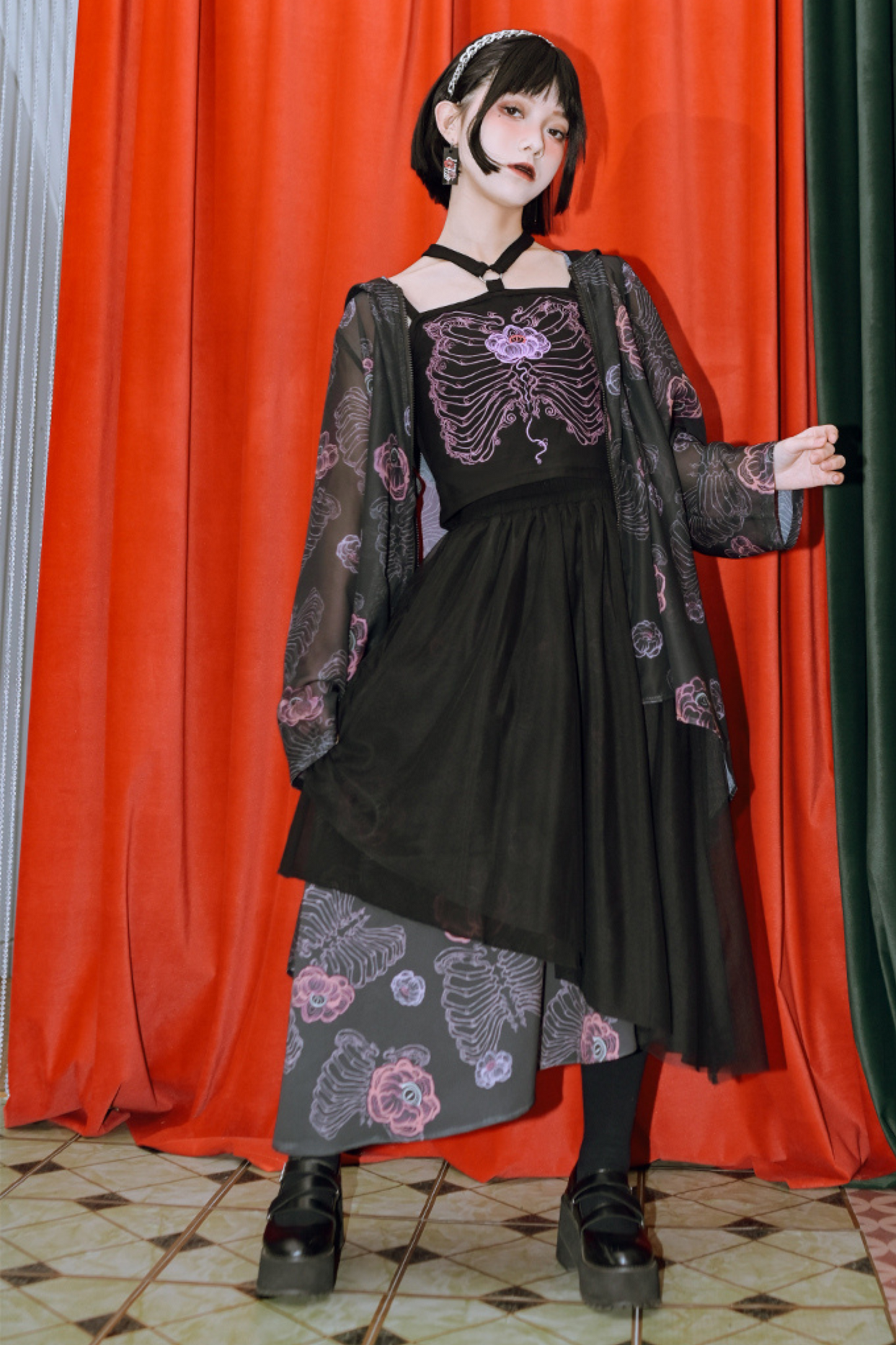 デザインアシンメトリーフローラルメッシュレイヤースカート