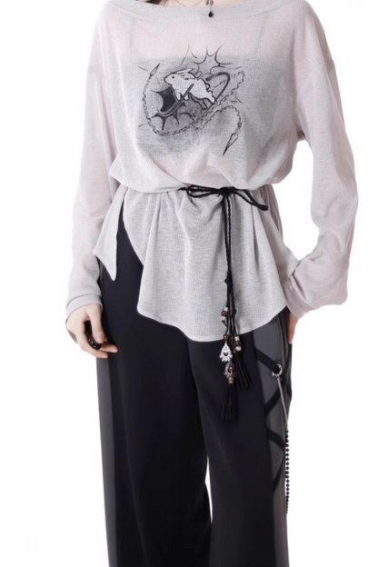 モードなトップスTシャツパンツワイド+デザインレースアップウエスト