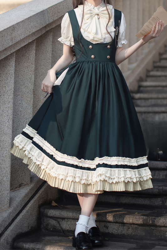 スカートベスト、ビッグシャツ、カレッジブローチ、ウエスタンリボン、パフスリーブ