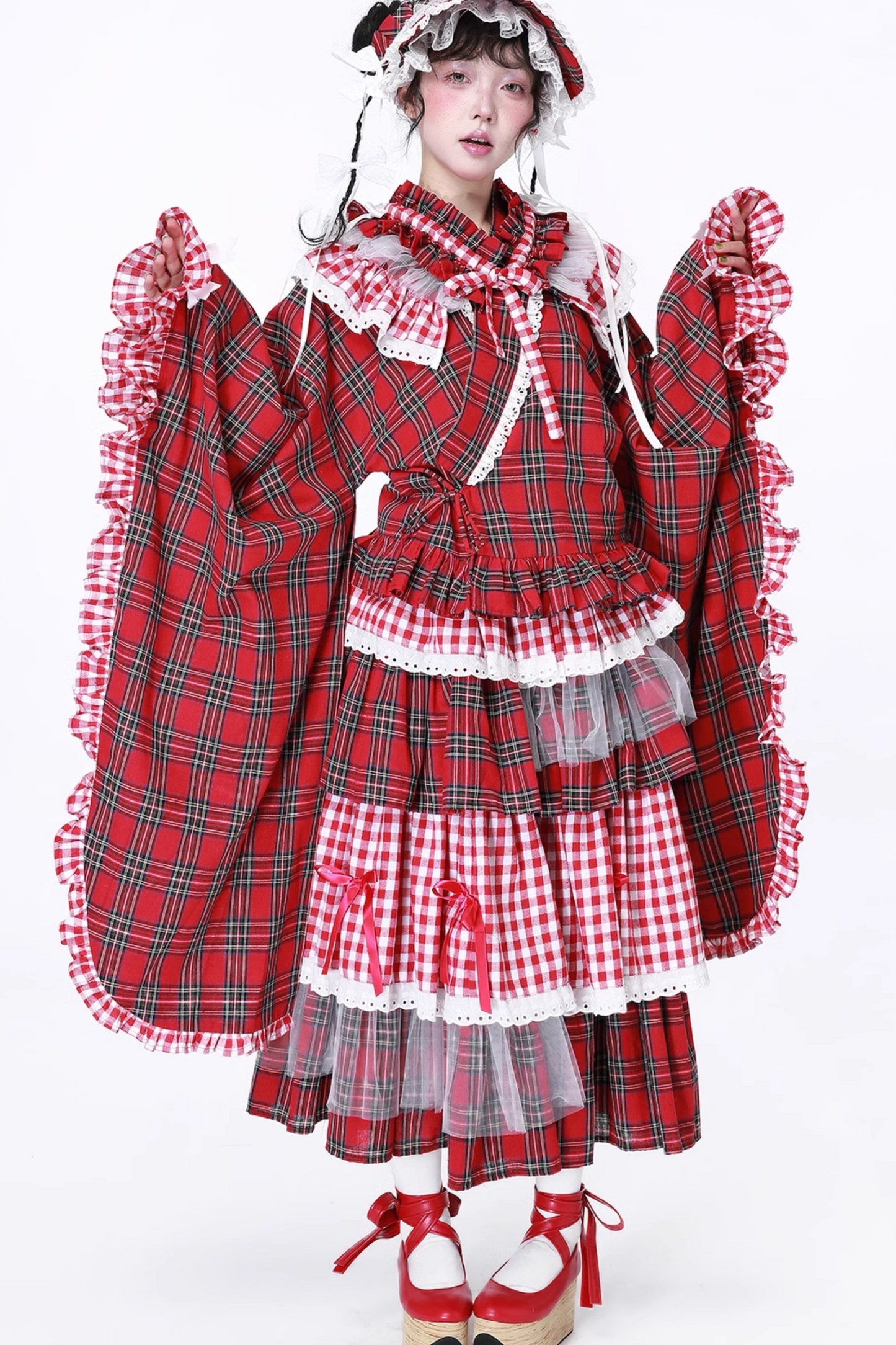 レッドシック着物レトロチェックスカート