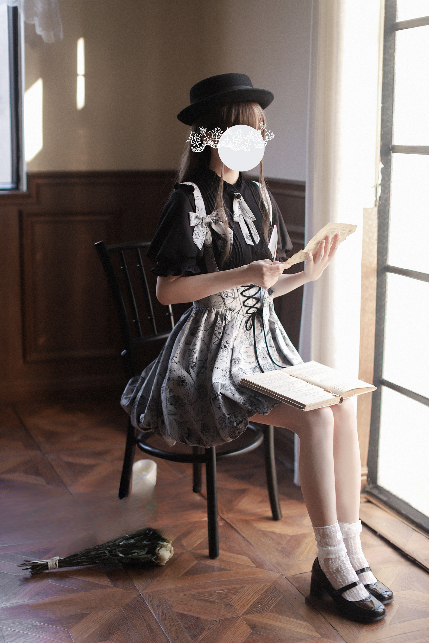 Retro Bow Ribbon Item Suspender Shirt Reserved + Tie Skirt