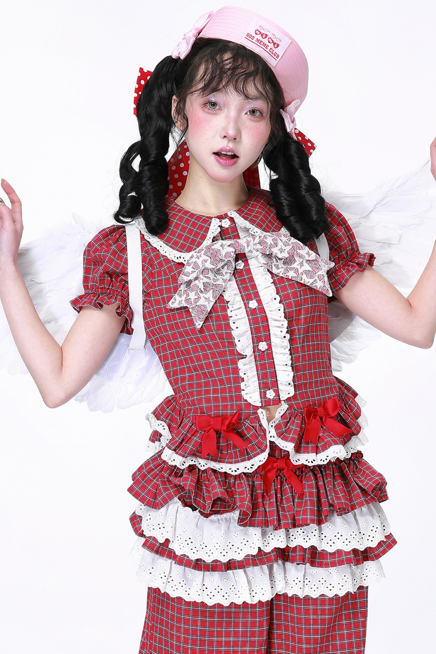 レトロトップスリーブチェックパフ