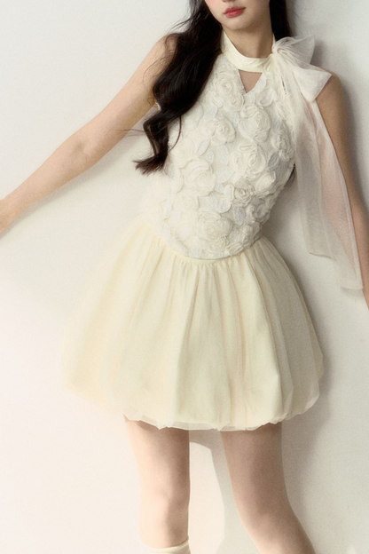 ロング丈＆スイートなノースリーブショートフラワーフレンチスカートバルーントップ