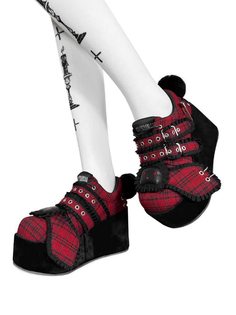 バニーシューズ ダークレッド チェックレッド オールプラットフォーム