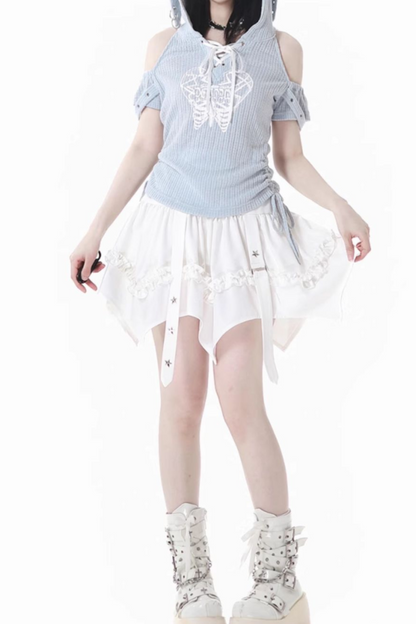 オフショルダーケーキトップ + ウサギのフード付きスカート