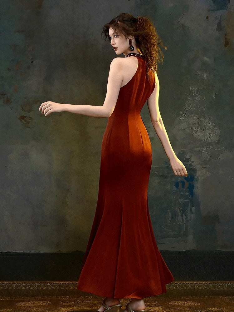 Wine Red Qipao Long Dress with Detachable Shoulder Pads - sijinstudio