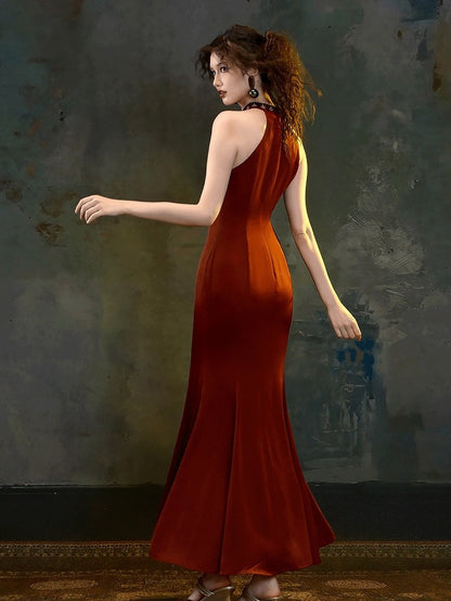 Wine Red Qipao Long Dress with Detachable Shoulder Pads - sijinstudio
