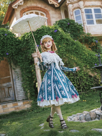 Teal Floral Print Vintage Lolita OP Dress with Lace Detailing & Elegant Design - With PUJI