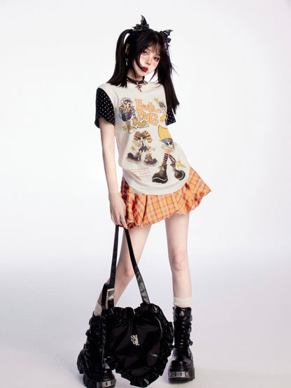 パピーオレンジチェック柄ドローストリングウエストプリントミニバブルスカート