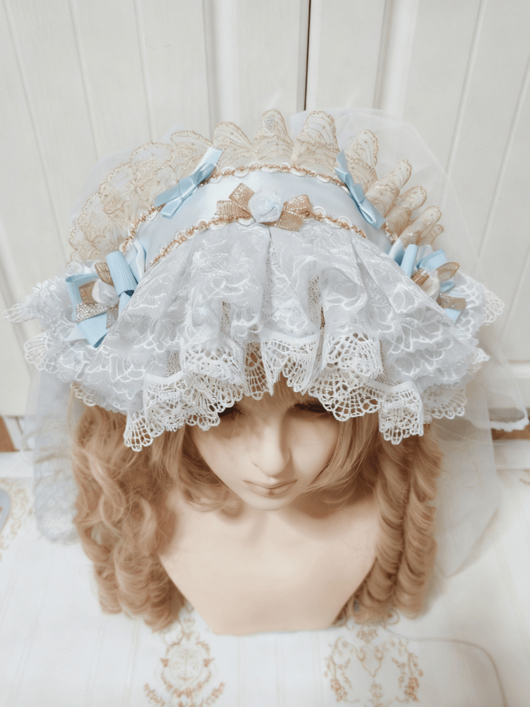 Multi-Layer Blue-White Hairband Lace Gorgeous Lolita Gold-Accented Light