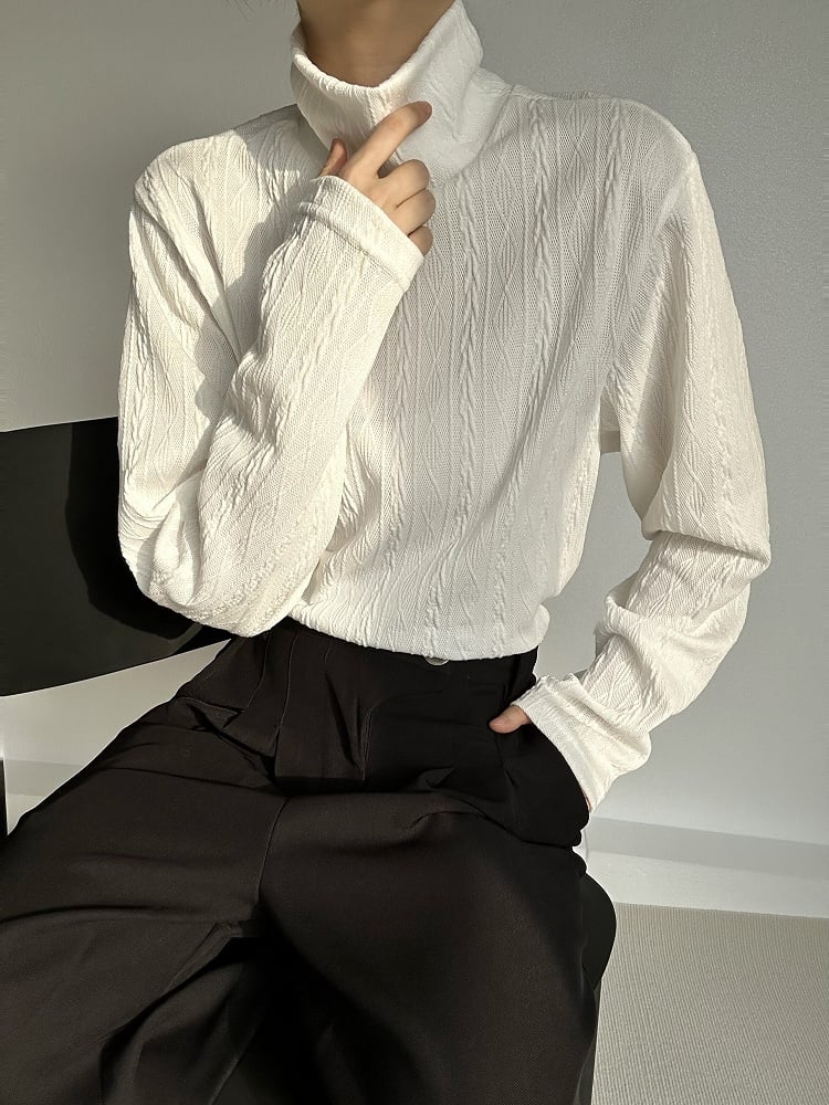 Cable Beige Knit with Ribbed Lolita Turtleneck Ouji Top Long-Sleeve