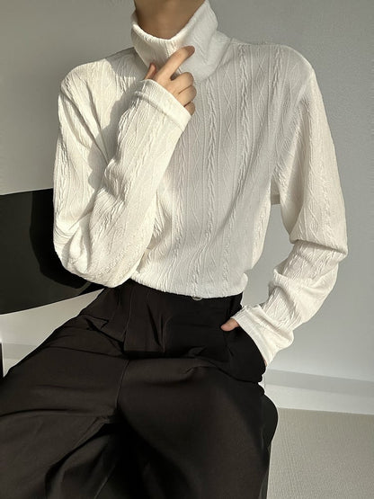 Cable Beige Knit with Ribbed Lolita Turtleneck Ouji Top Long-Sleeve