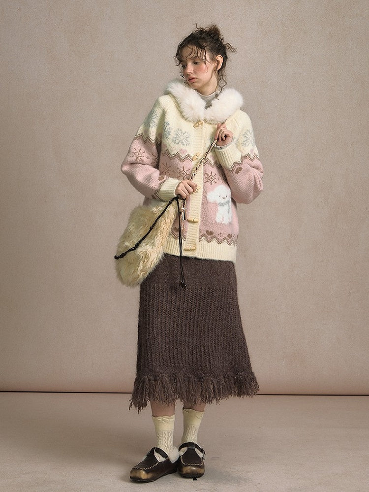 Collar Detachable Mohair Cozy Pink/Brown Fur Hooded Cardigan with Knit