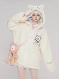 Fleece Cartoon White Hamster Coat Ears Hooded Print With