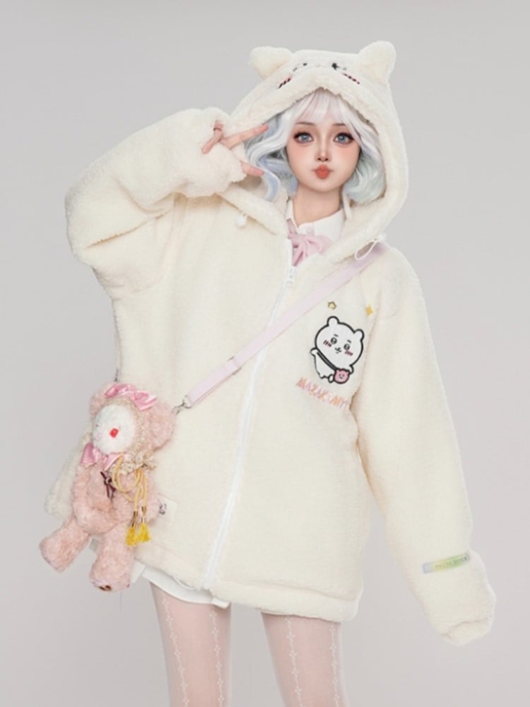 Fleece Cartoon White Hamster Coat Ears Hooded Print With