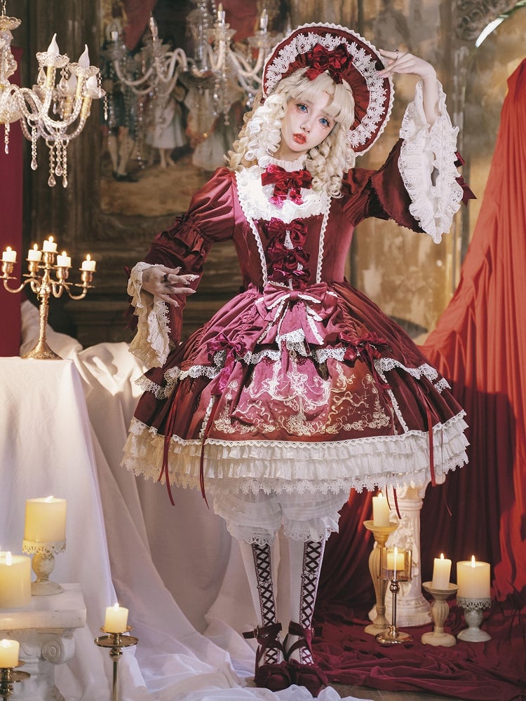 Rotes Kerzenkleid, Kerzenständer-Stickerei, Samtglocke und Ärmel