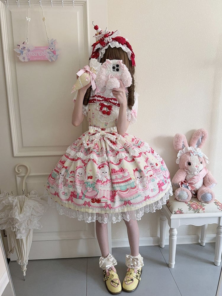 Süßes Kleid Cakes Bunny Gelber Print und Rock Lolita Pullover