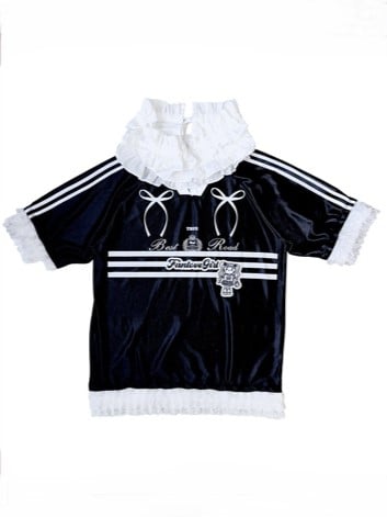 Top Bowknots Tiered Sleeve with and Collar Short Jersey-Style Black Detachable