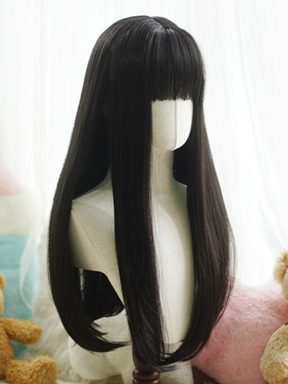 Schwarze lange glatte Perücke mit vollem Pony