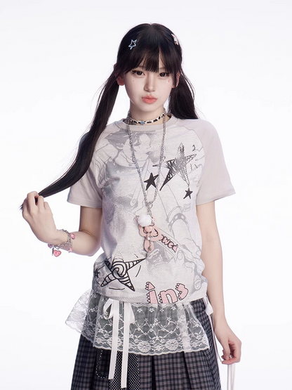 Gray Colorblock Design Y2K Print Slim-fitting T-shirt