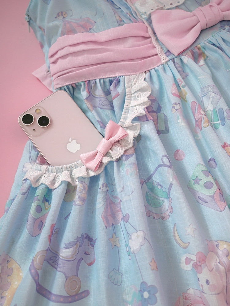 Adorable Lolita JSK Gown in Blue and Pink with Bow and Pocket Accents - Vcastle
