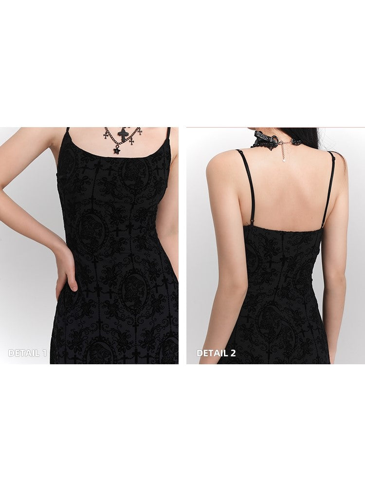 Flocked Black  Patterns Slip Ankle-Length Gothic with Floral Portraits Dress