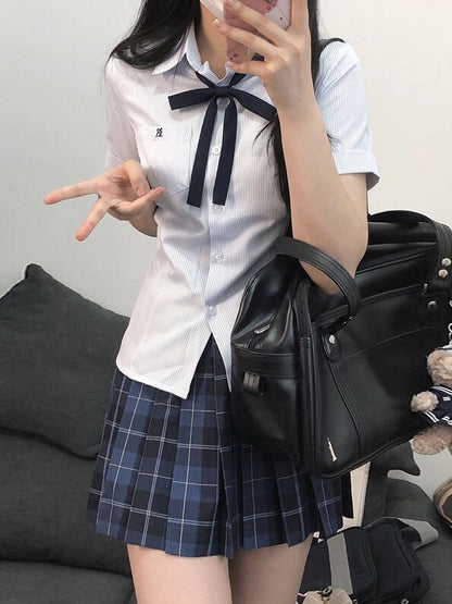 Uniform Short Pattern Blue Shirt Style Striped JK Sleeves Preppy