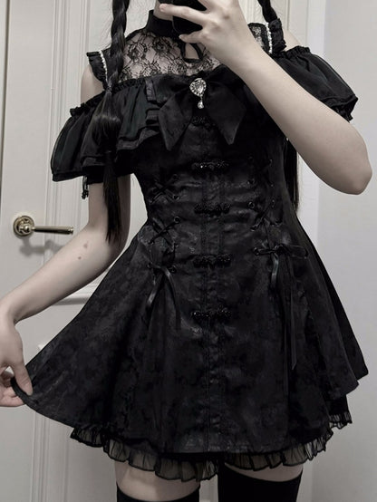 チャイナドレス + イリュージョンジライネックラインミニドレス ボウタイケイショーツセット - ブラックスタイル + ベルスリーブ