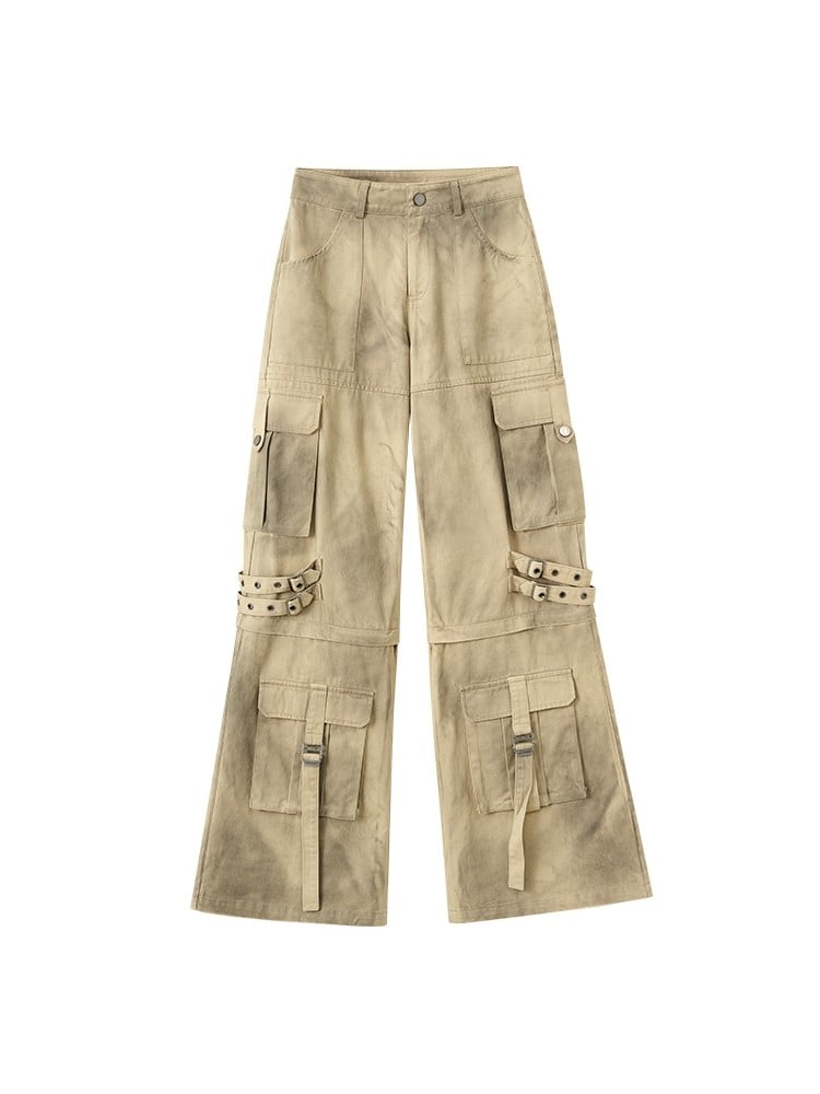 Punk Convertible Cargo Washed Capris Multi-Pockets Fashion Yellow Millard Pants with
