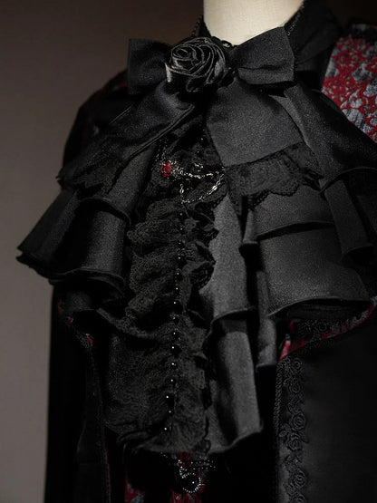 Black and Red Prince Outfit Ouji Lolita Full Set - Black Long Sleeves Shirt + Waistcoat + Black Pants