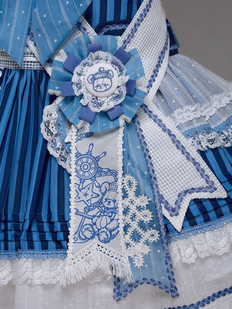 Striped Low Waist Sailor Dress with Blue Embroidery - Twin Bear Original Design