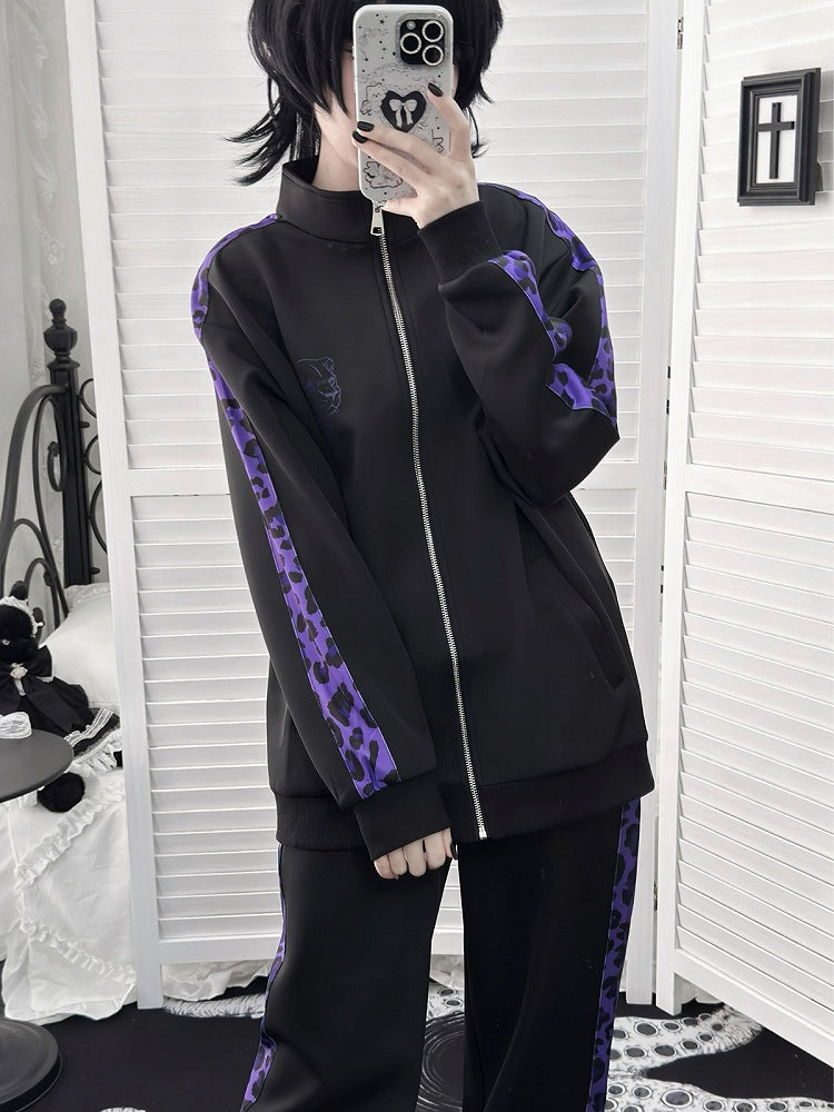 Sporty Jirai Kei Black & Purple Leopard Print Pants - Puzzles