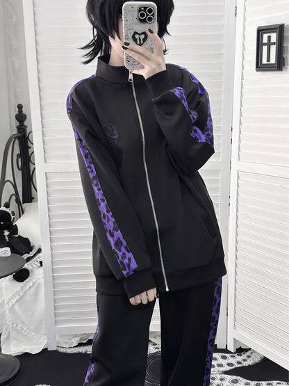 Sporty Jirai Kei Black & Purple Leopard Print Pants - Puzzles