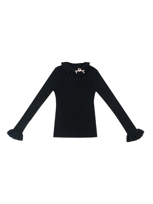 Black Knit Top with Ruffle Collar, Long Sleeves & Pink Bow Accent - Yimu Walnut