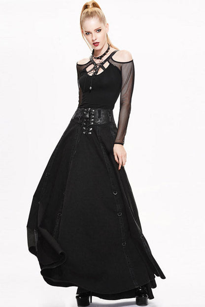 Black Torn Multi-Wear Leather Waistband Punk Rock Flowing Long Half Skirt