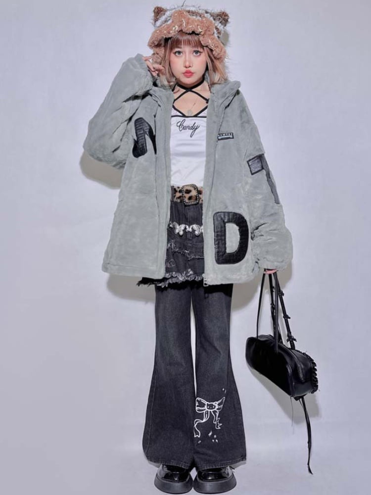 Gray Letter Appliques Baggy Long Sleeves Plush Coat