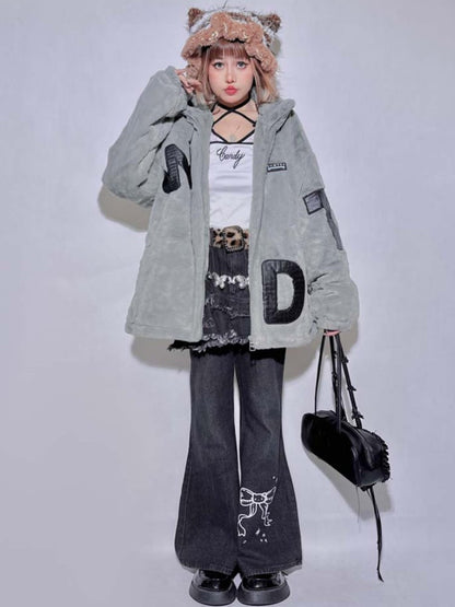 Gray Letter Appliques Baggy Long Sleeves Plush Coat