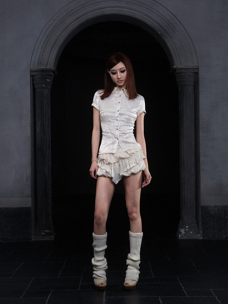 Skirt Apricot Satin Lace with Gothic Embroidered Hem Floral Handkerchief Bubble Tiered Low-Waist