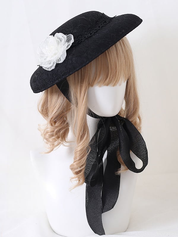With Elegant Hat Black White / Flat Lolita Decoration Flower