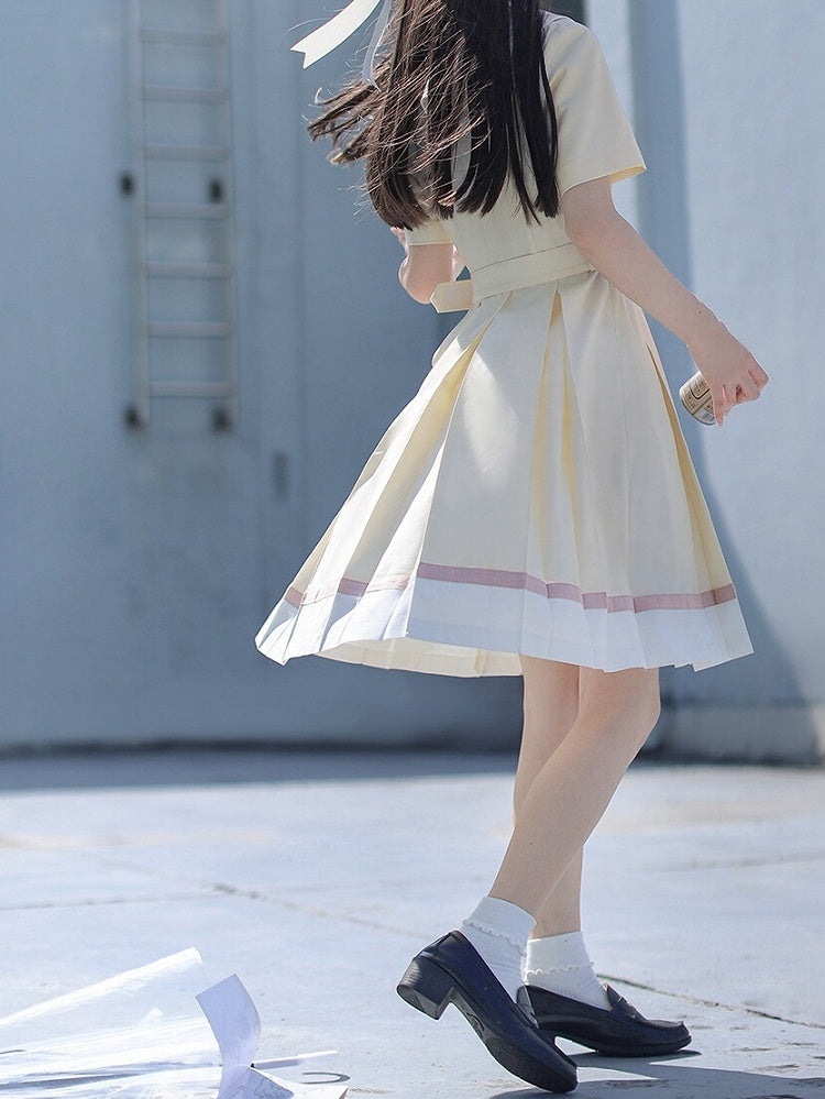 mit Faltenkasten Matrosengelb Milch Taille Kleid Rock Kragen Gürtel