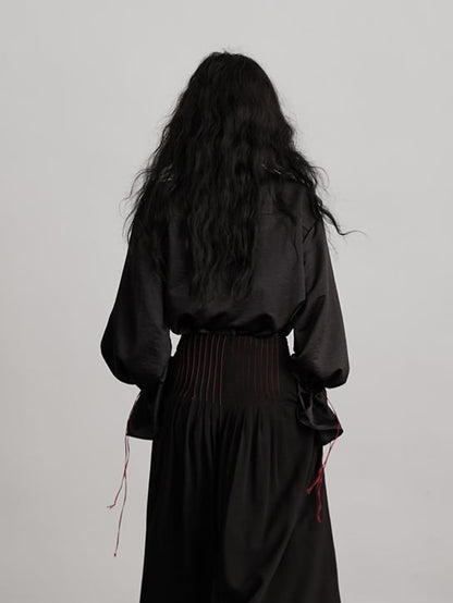 Brooch Red Button Black Drawstring Decoration Shirt Urban Pattern Goth with Subtle