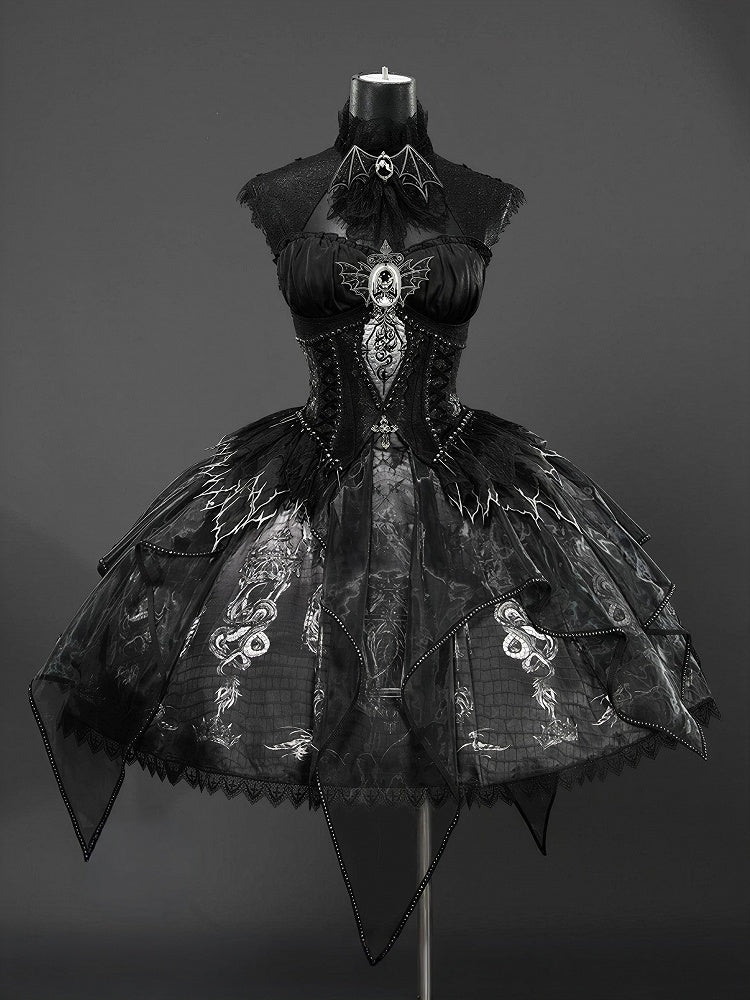Black & Gray Bone Dragon Embroidery Halter Neck Gothic Lolita Dress Set - Ying Luo Fu