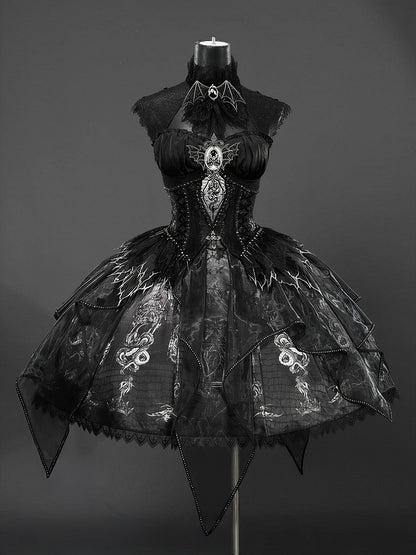 Black & Gray Bone Dragon Embroidery Halter Neck Gothic Lolita Dress Set - Ying Luo Fu