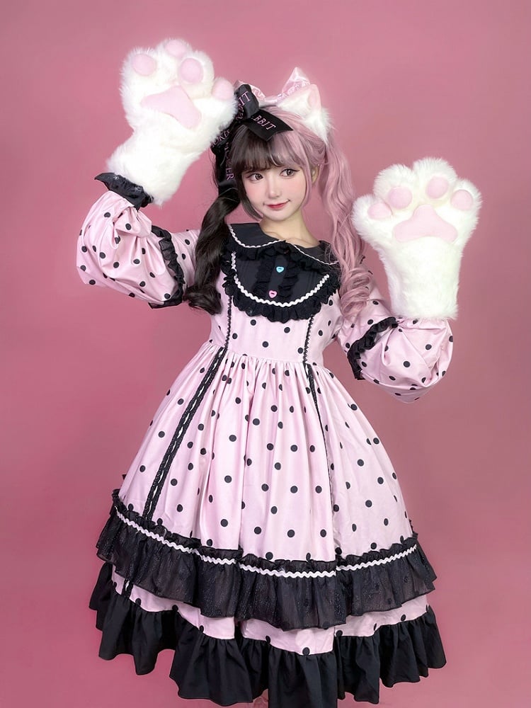 Lolita Dot Cute Long with Black Ruffle Sleeve Polka Dress Pink Details OP