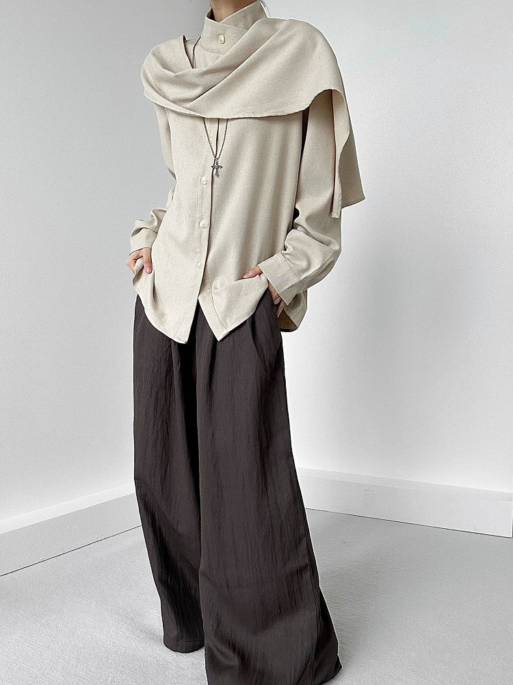 Button Sleeve Long Extended Stand with Shirt Unisex Collar Khaki