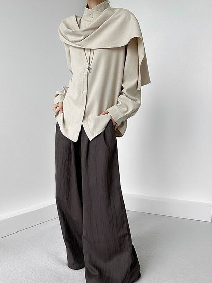 Button Sleeve Long Extended Stand with Shirt Unisex Collar Khaki