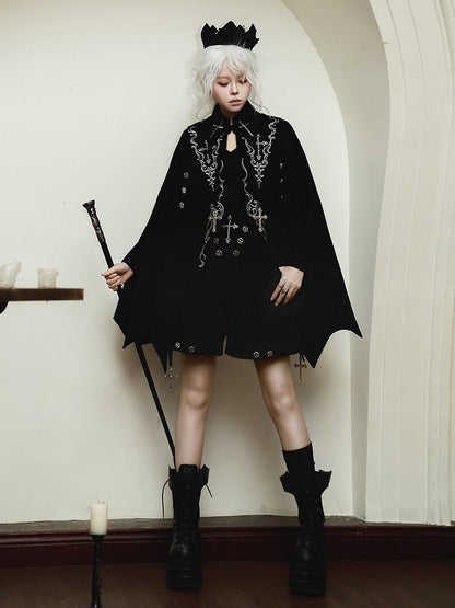 Hem Sleeves Cross Shorts Black Ouji Lolita Curved + Embroidery Bat-Wing Cape Long Top Gothic