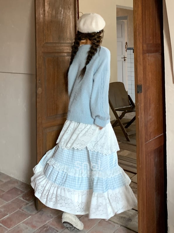 Blue and White High-Waisted Lace Patchwork Plaid Mori Kei Skirt