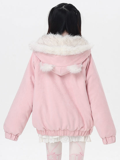 Pocket Kitty Hood Bittersweet Paw Bow Hooded - Ear Embroidery Fleece with Jacket Black/Pink